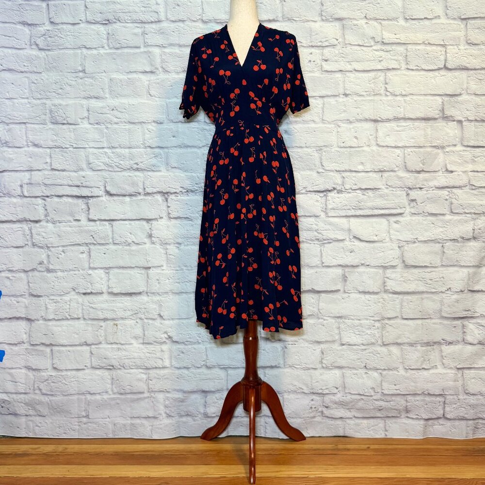 Loco Lindo Navy Blue Cherry Print Midi Dress